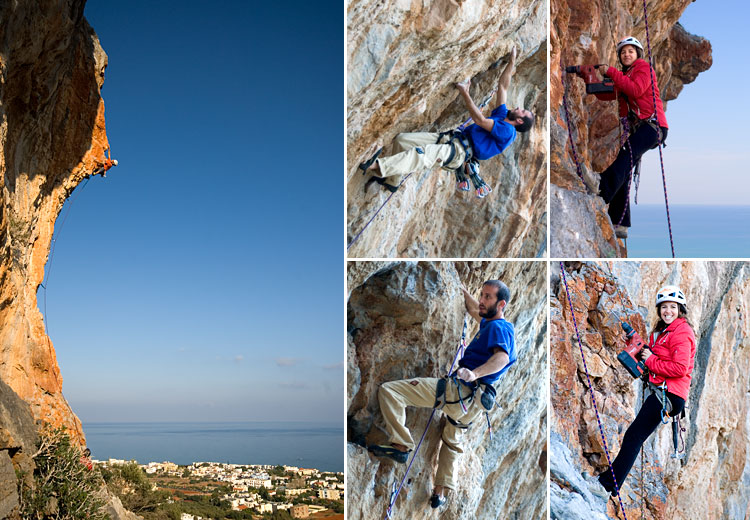 De gauche  droite : Philippe dans "'Ela"(6c+), Aris Mavromatis dans "Coco Bloco"(7c+), Katerina Mastoraki lors de l'quipement de "Miss Latino" (6a)